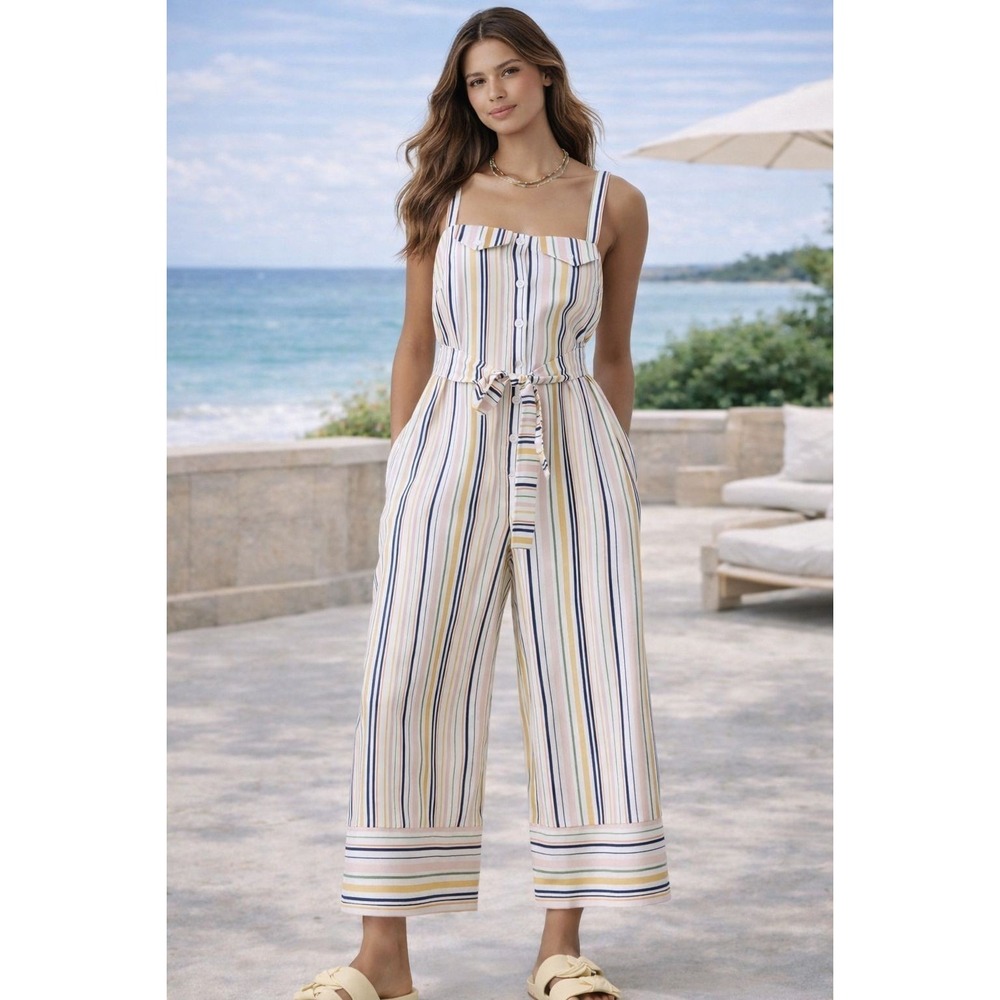 ANTHROPOLOGIE MAEVE New Striped Jumpsuit XS Tall Belted Wide Leg